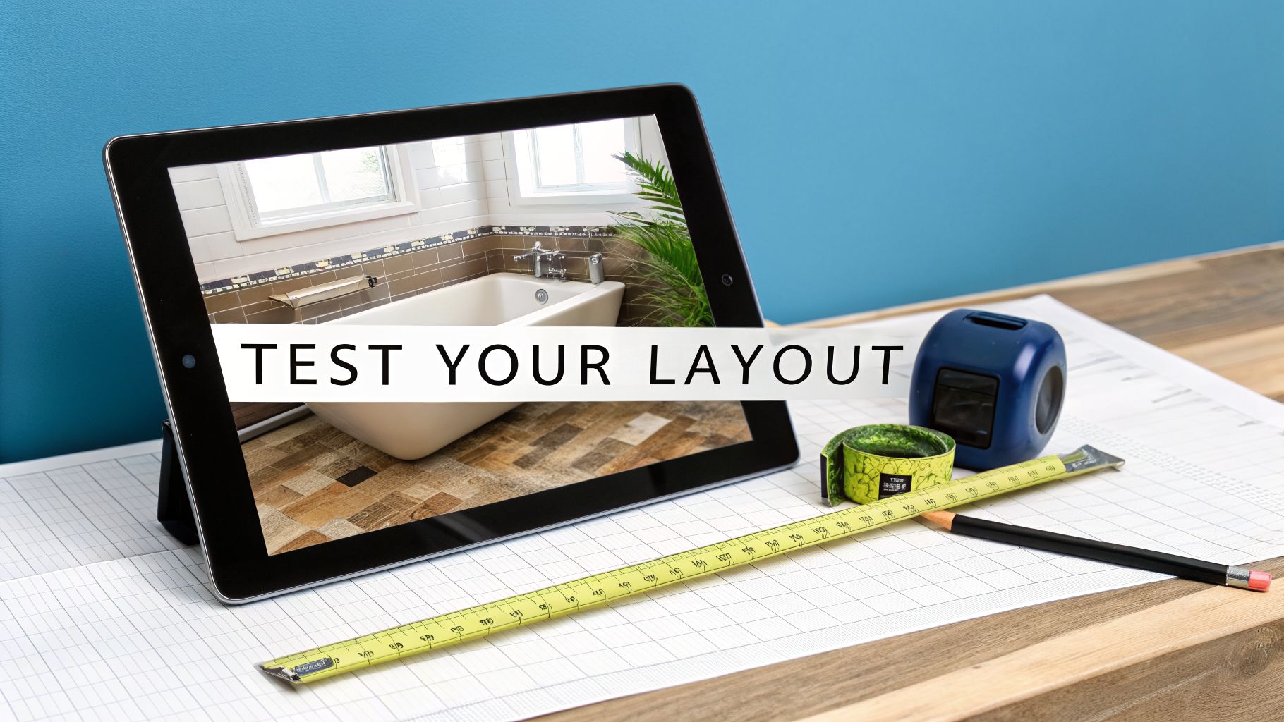 A tablet displays a bathroom layout with a bathtub, surrounded by measuring tape, pencil, and graph paper, suggesting renovation planning.