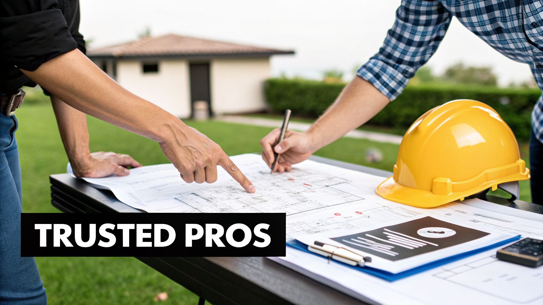 Two construction professionals review building plans with a hard hat on a table outdoors, text 'TRUSTED PROS'.