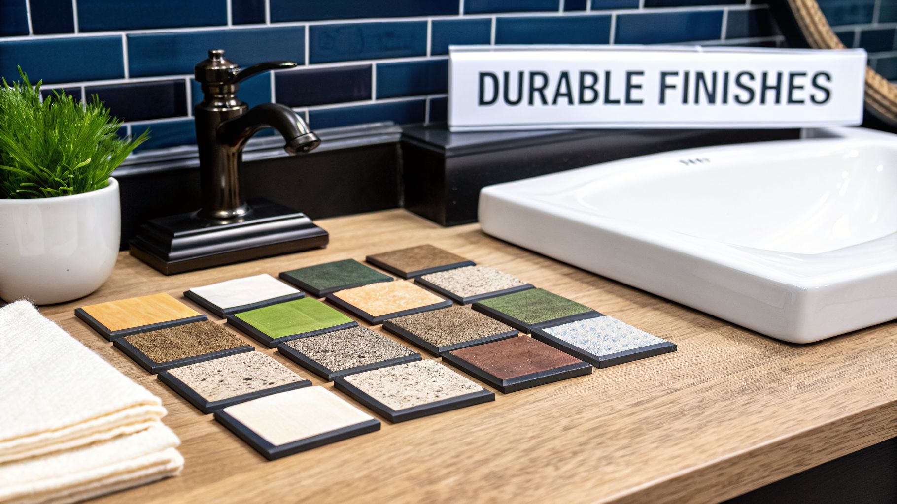 Various durable finish samples, a sink, and a faucet on a bathroom remodel counter.