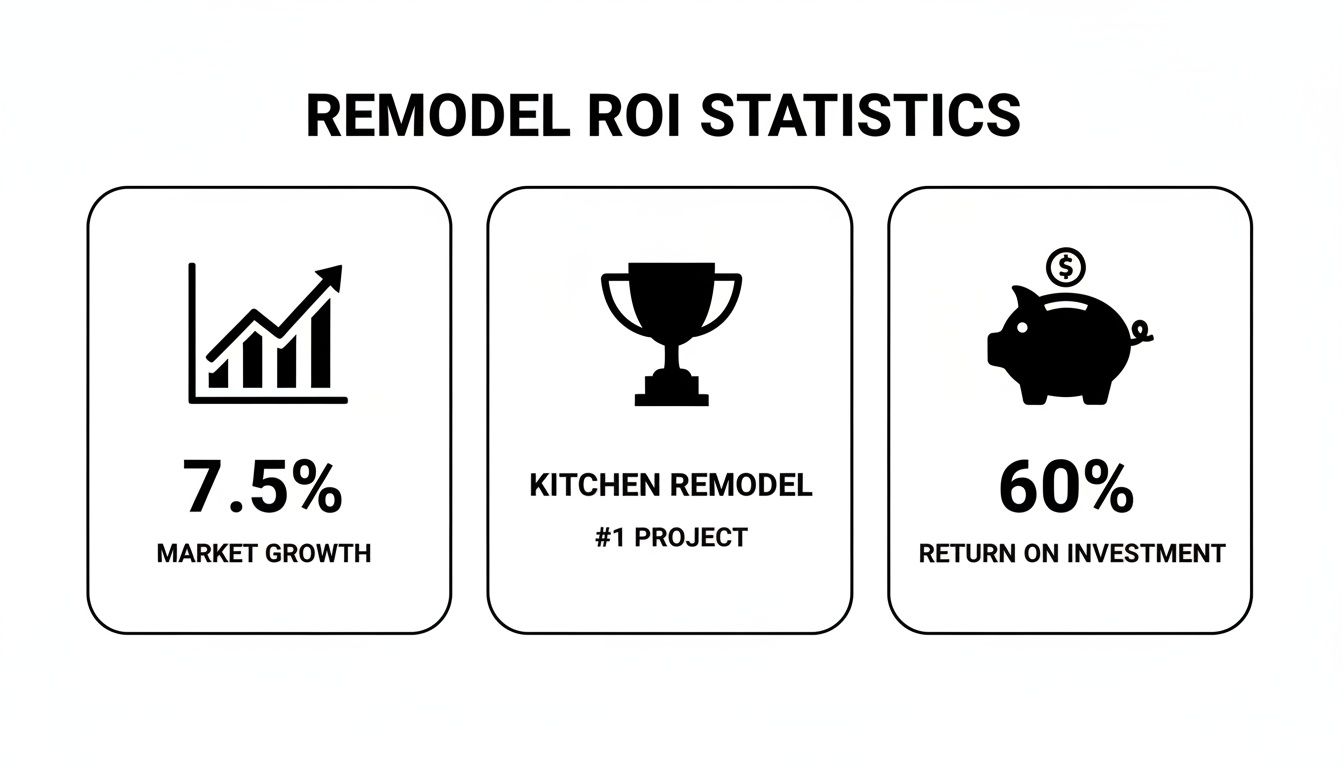 Infographic showing remodel ROI statistics: 7.5% market growth, kitchen remodels as #1 project, and 60% return on investment.