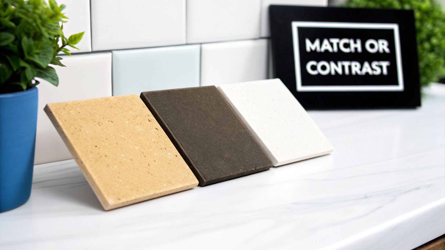 Three material samples in beige, dark brown, and white, alongside a 'Match or Contrast' sign.