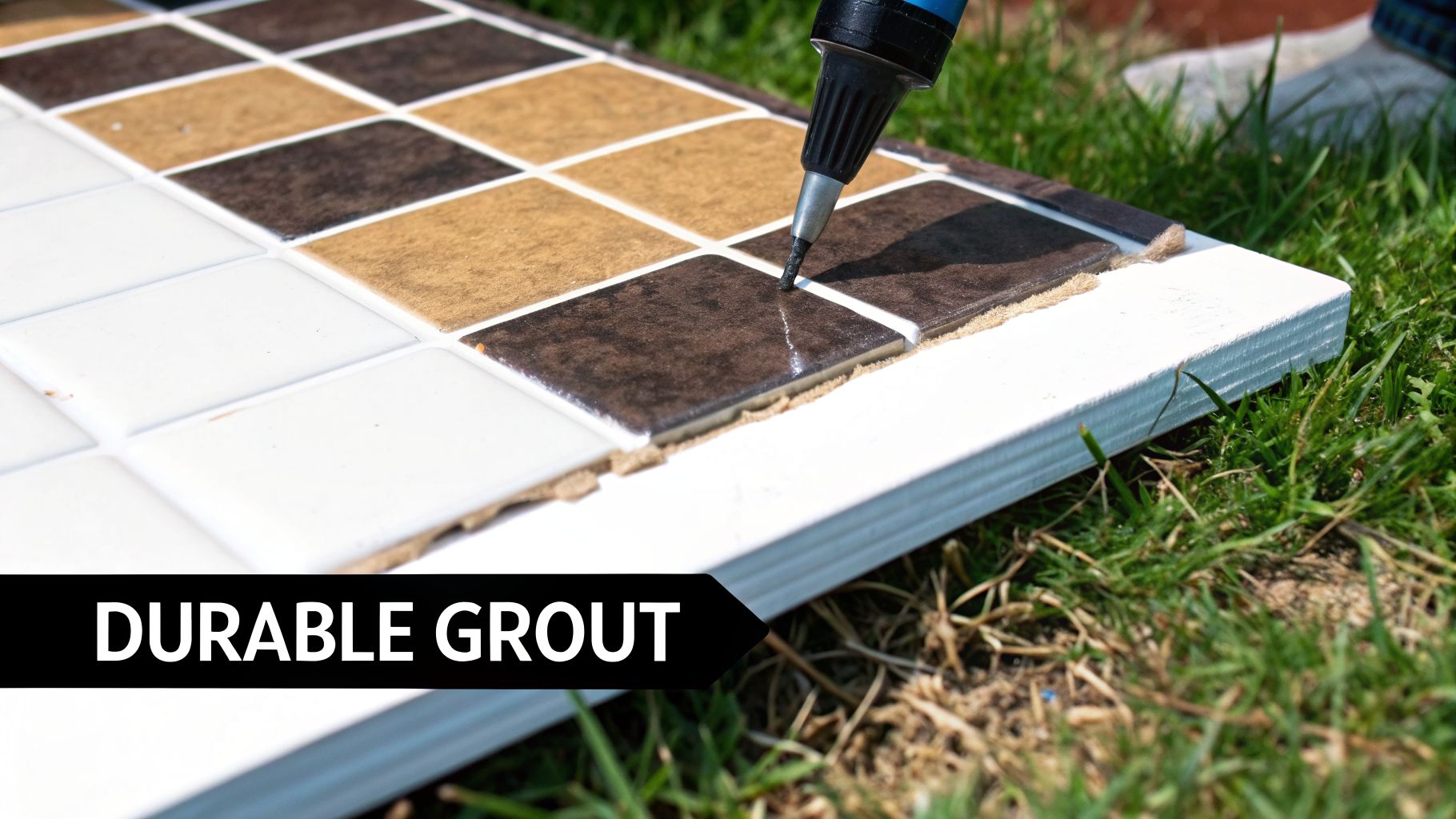 A close-up of a person applying dark grout between brown, tan, and white tiles on a board outdoors.