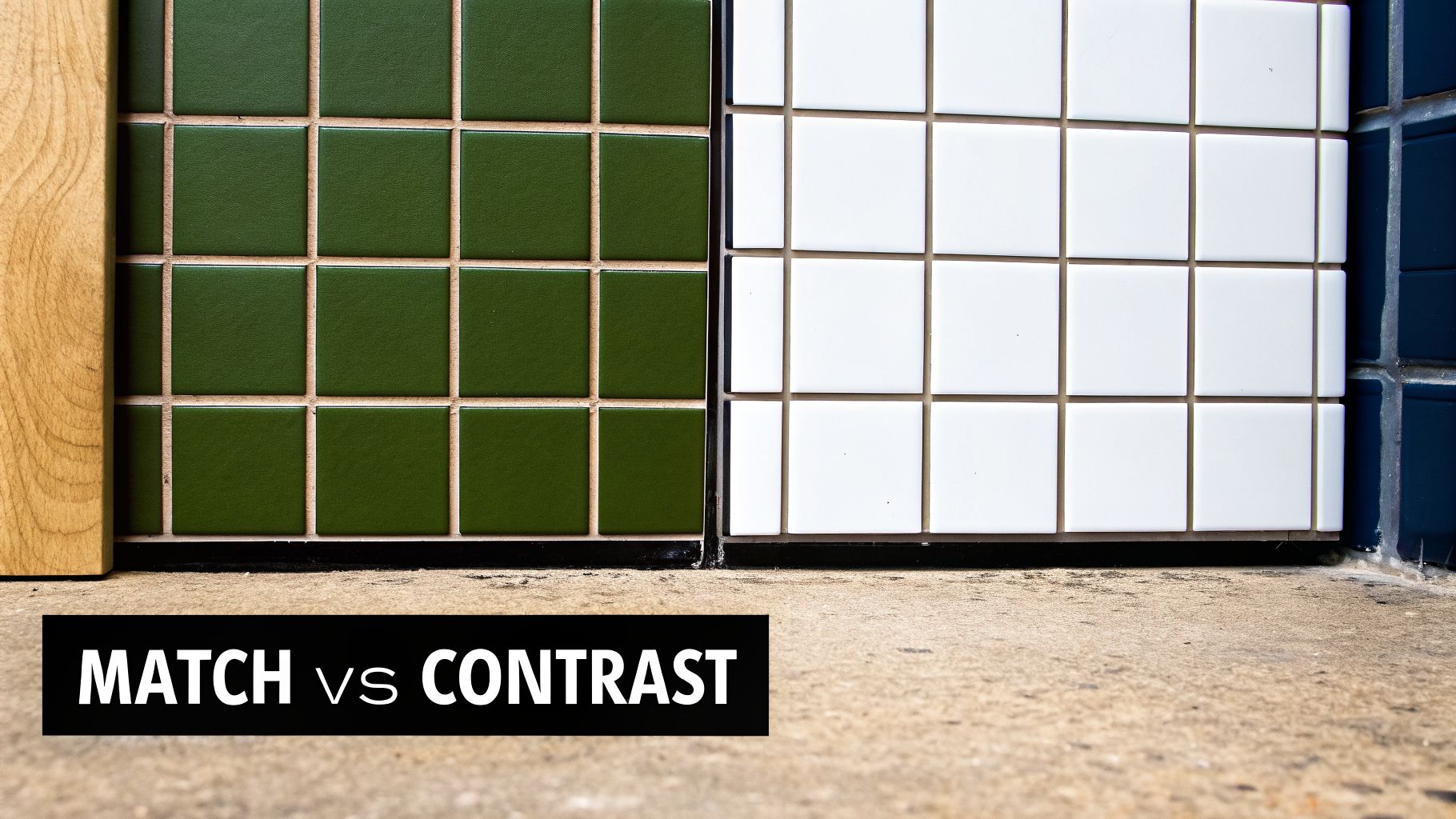 A close-up of green and white tiled walls with grout lines, wood, and concrete, illustrating contrast.