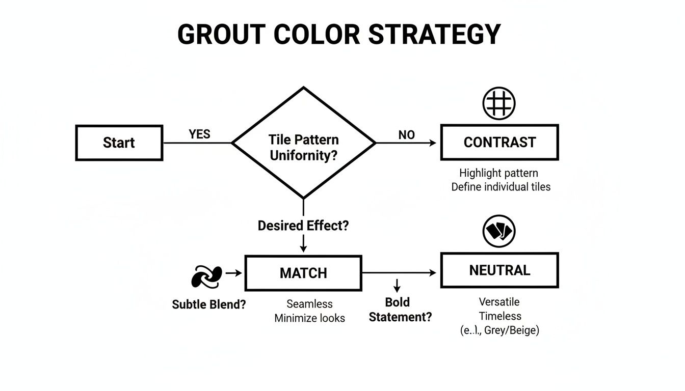 A detailed flowchart outlining a grout color strategy based on tile pattern uniformity and desired visual effect.