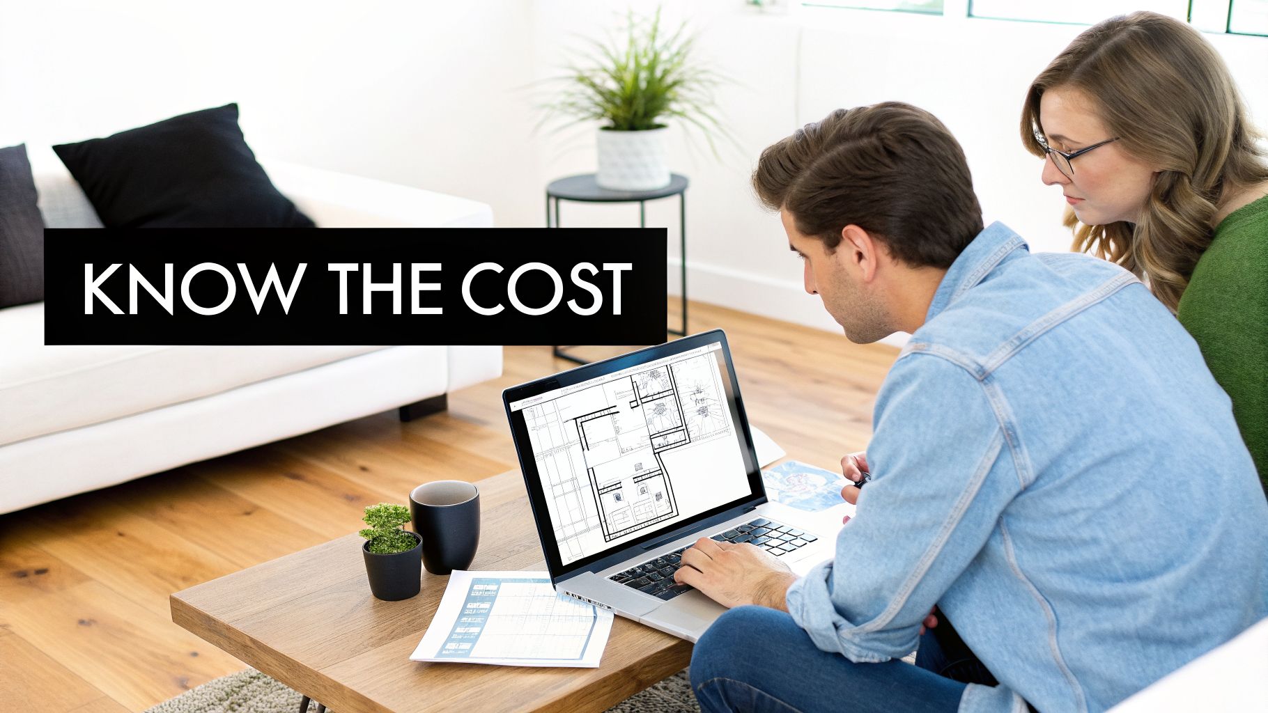 A couple reviews architectural plans on a laptop, discussing home design and potential costs.