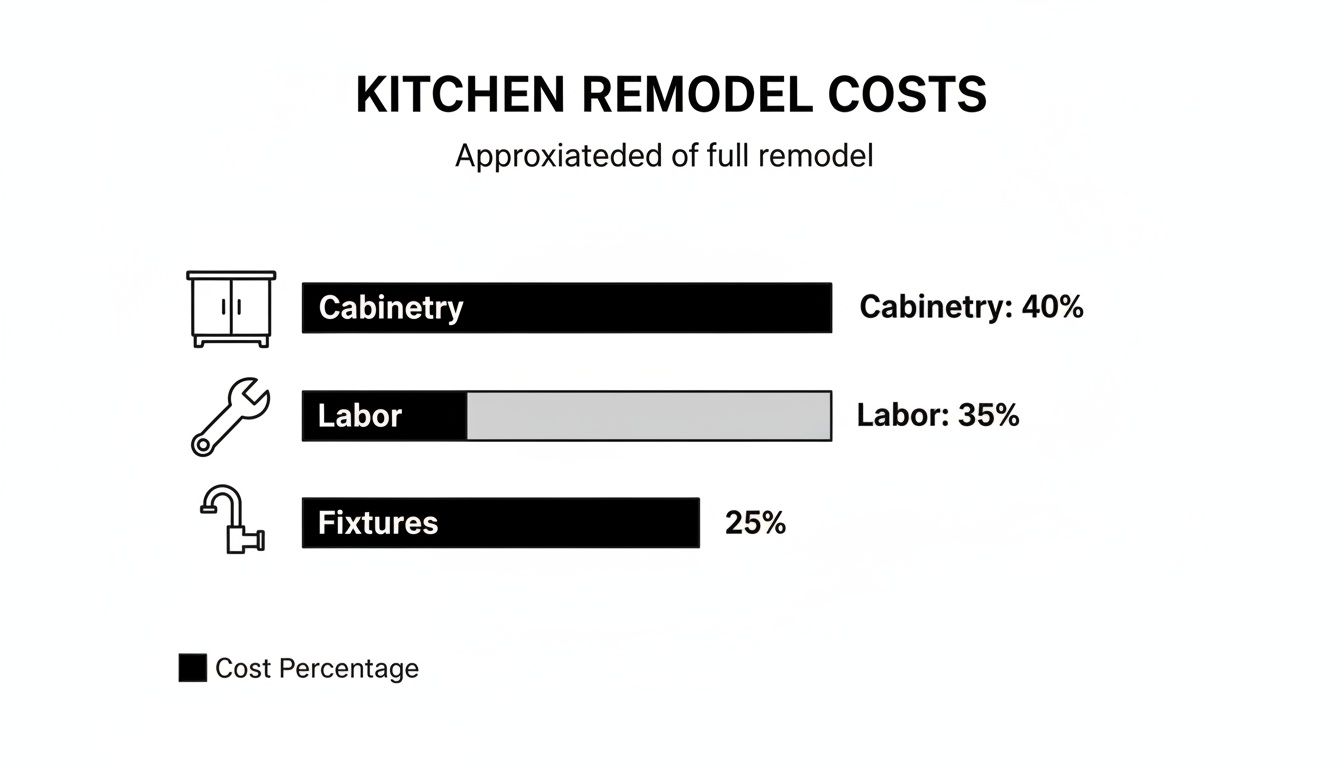 Bar chart illustrating kitchen remodel costs: Cabinetry 40%, Labor 35%, and Fixtures 25%.
