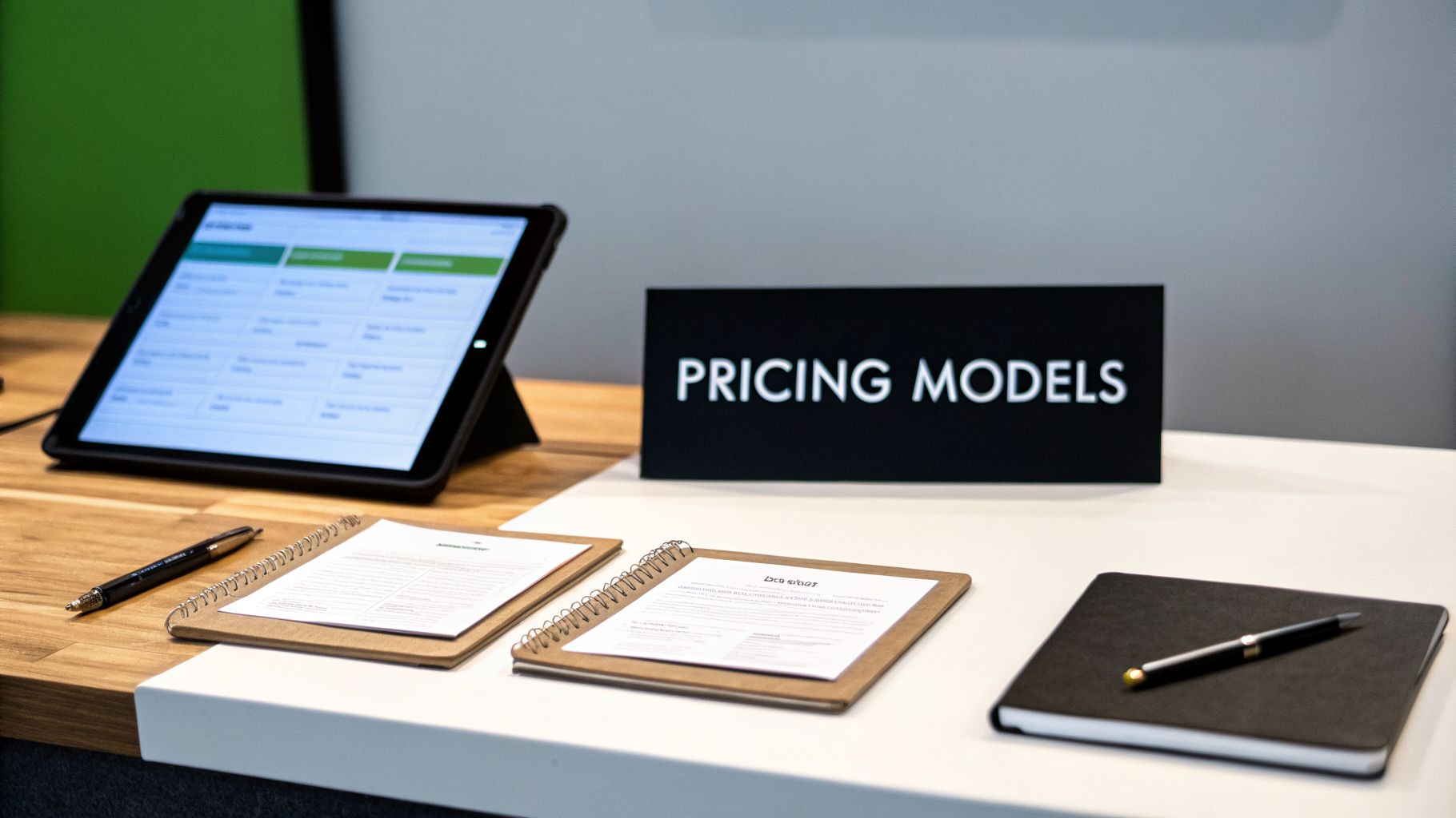 A professional workspace featuring a tablet, a 'PRICING MODELS' sign, and notepads with pens.