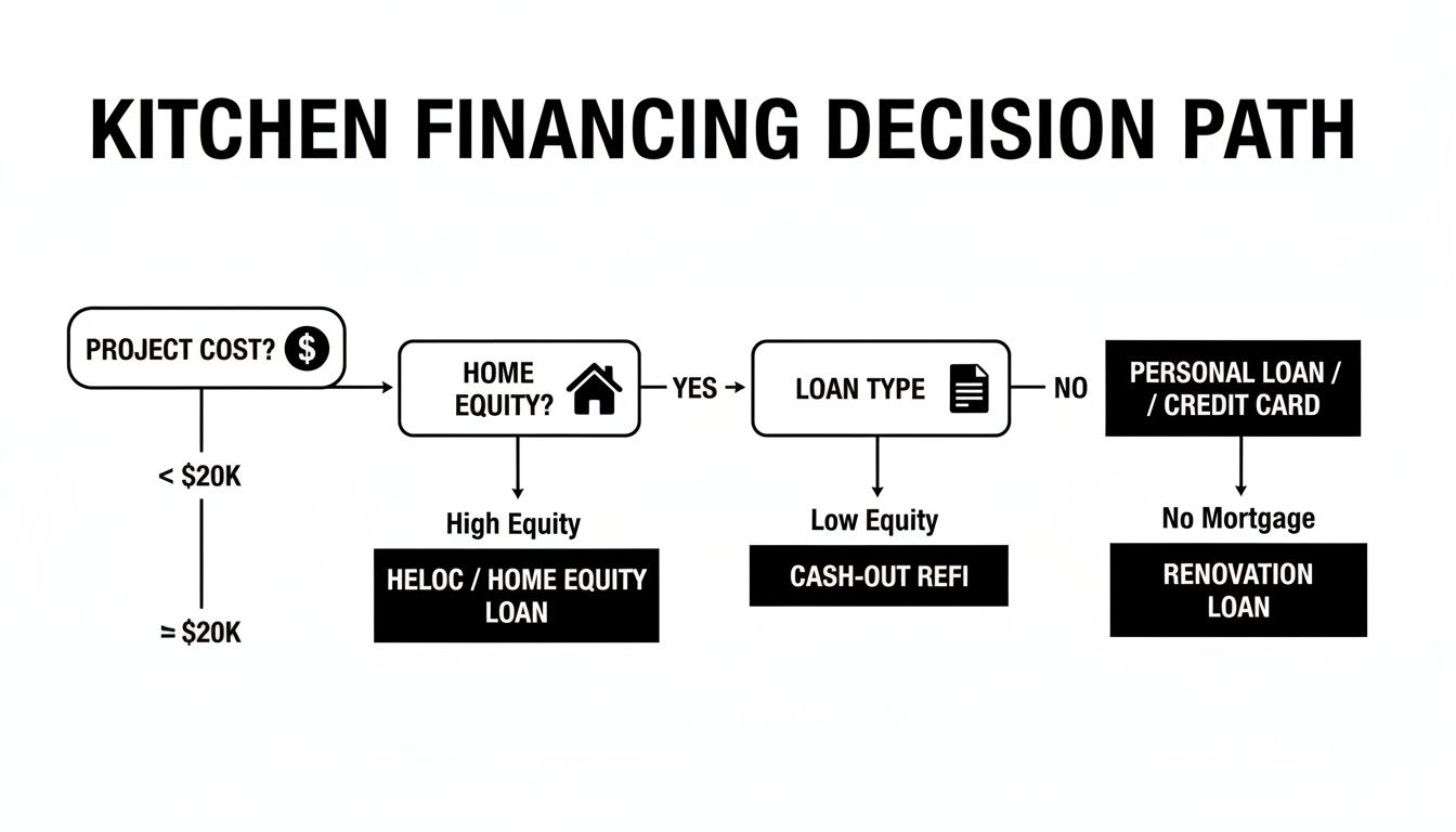 Flowchart illustrating kitchen remodel financing decision path based on project cost and home equity.