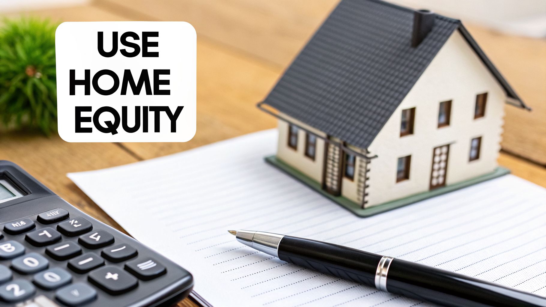 A desk with a house model, calculator, pen, and a note reading 'USE HOME EQUITY' for financial planning.