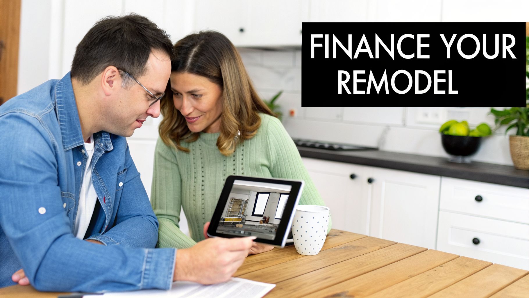 A couple discussing home remodel plans while looking at a tablet, with 'Finance Your Remodel' text.