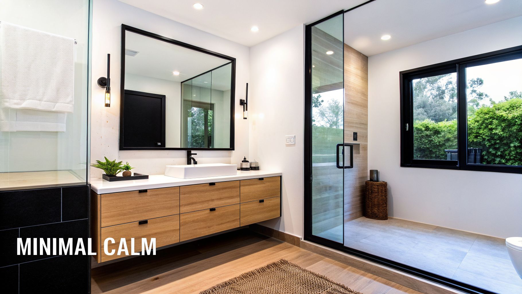 A luxurious and minimalist master bathroom with a double vanity, a large mirror, and a glass shower.