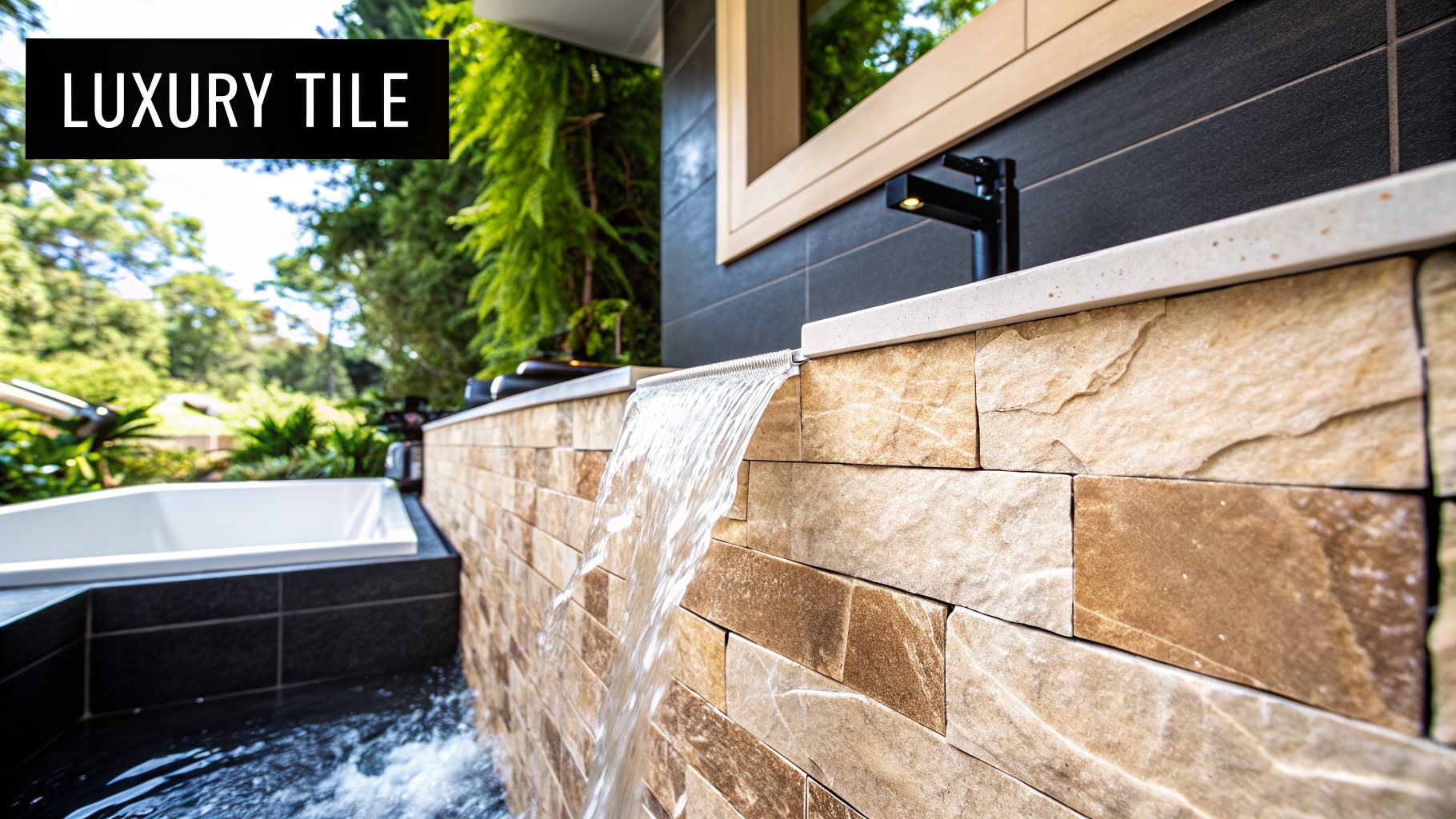 Luxurious outdoor bathroom featuring a stone waterfall, white tub, and lush green garden setting.