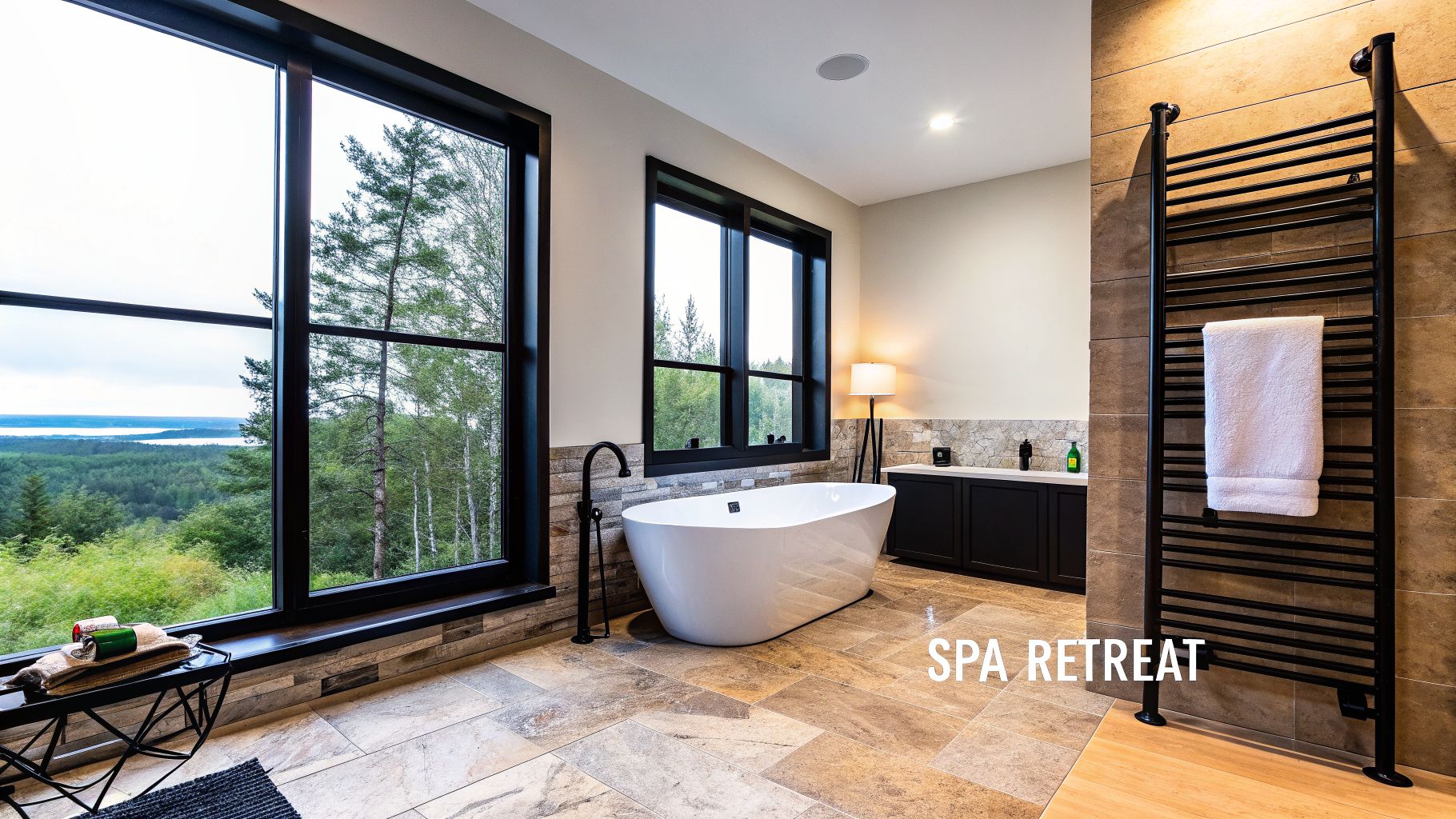 Spacious spa-like bathroom with a white soaking tub, forest views, and a heated towel rack.