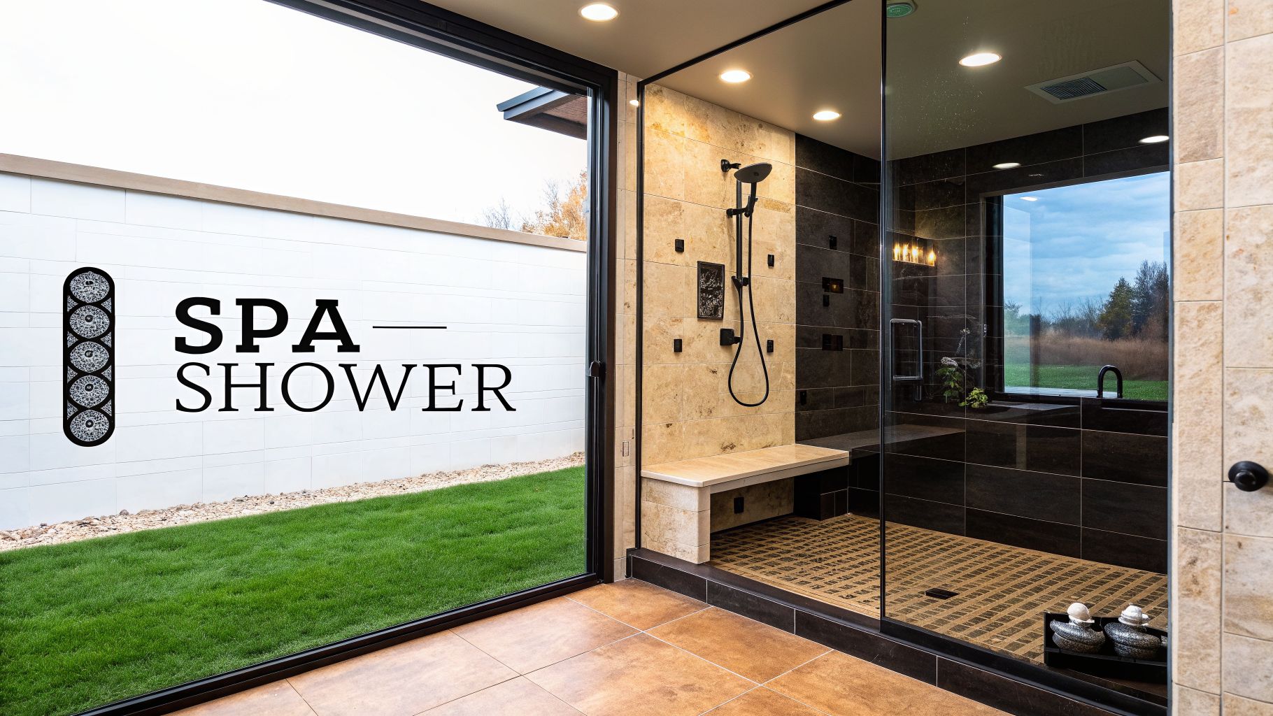 A luxurious modern spa shower featuring black and tan tiles, a built-in bench, and a scenic outdoor view.