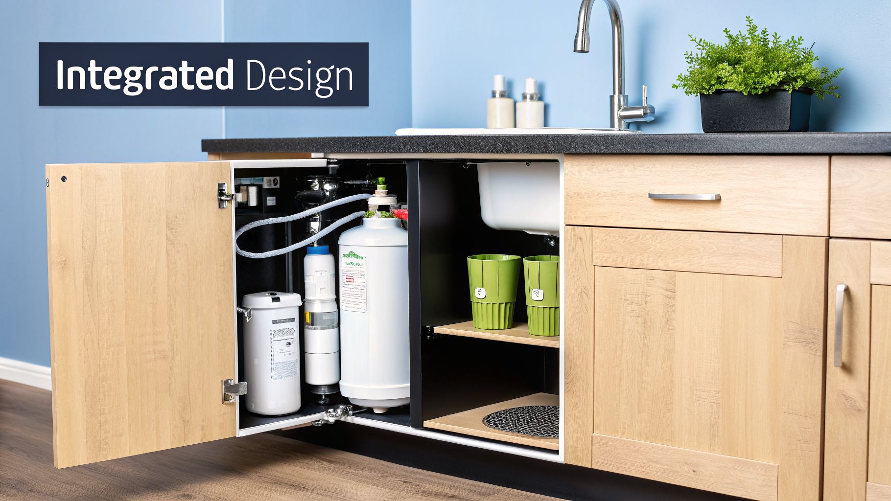 Integrated reverse osmosis water filtration system installed under a modern kitchen sink cabinet.