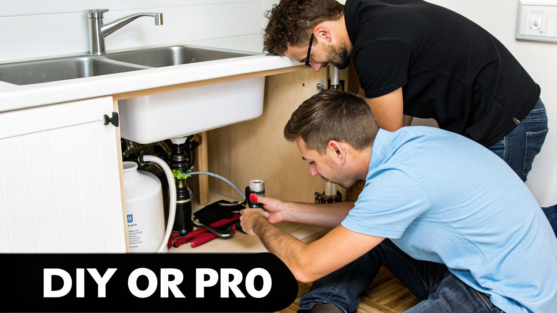 Two men installing a reverse osmosis water filtration system under a kitchen sink.