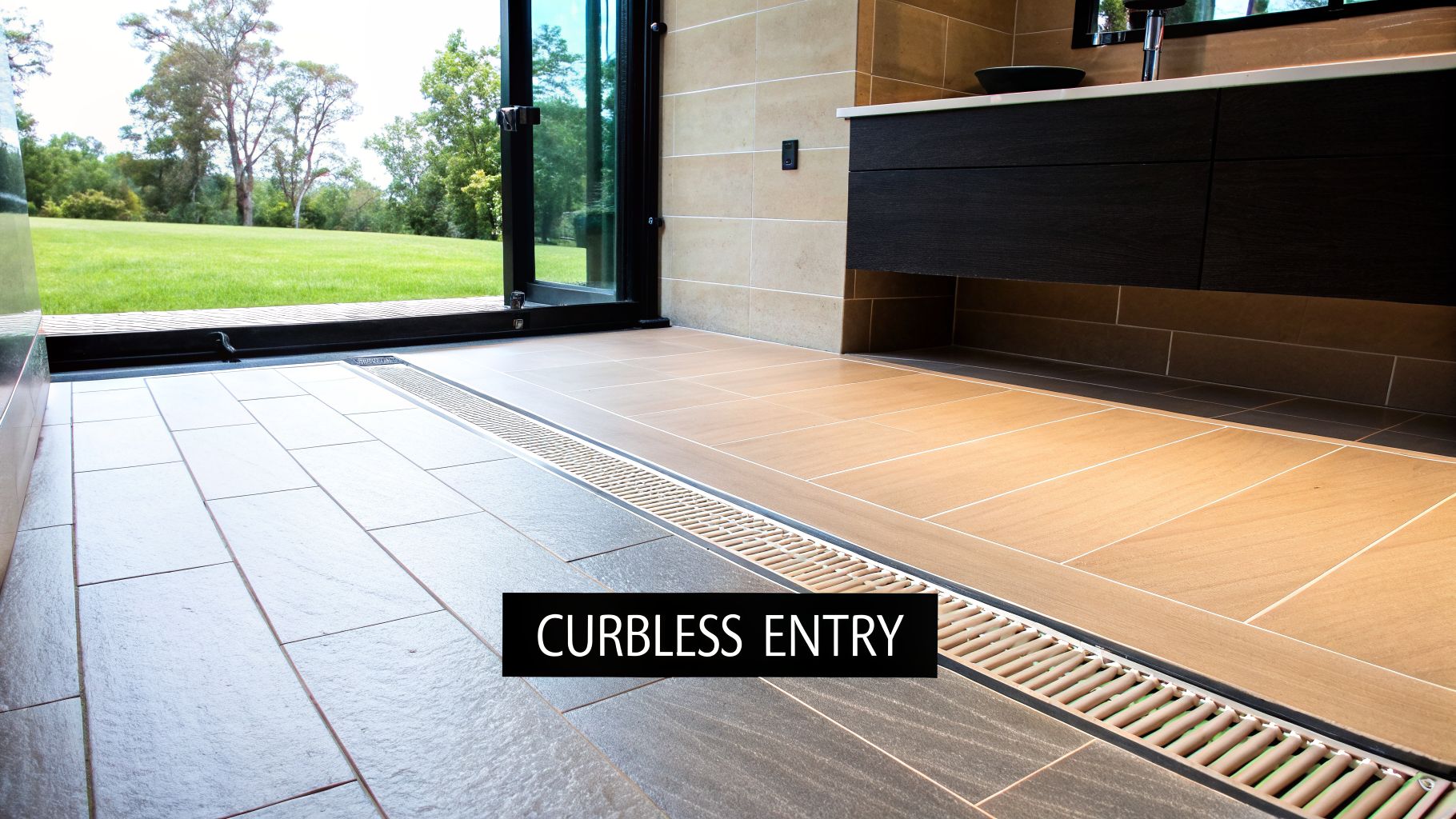 A modern curbless entry with a linear drain, transitioning from indoor tiled floor to a green outdoor landscape, featuring a vanity.