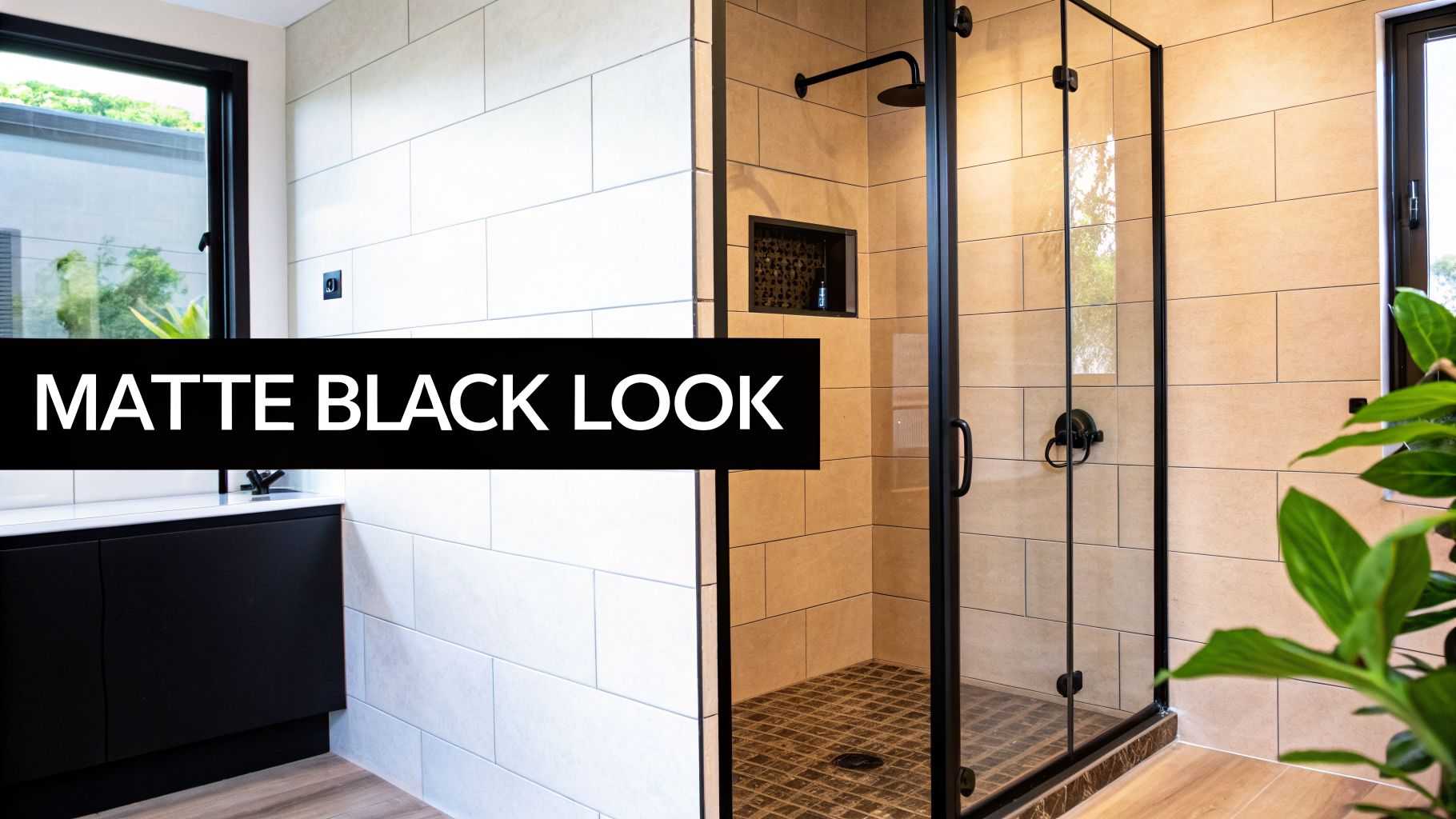 Modern bathroom featuring a matte black walk-in shower, black vanity, and light tiled walls.