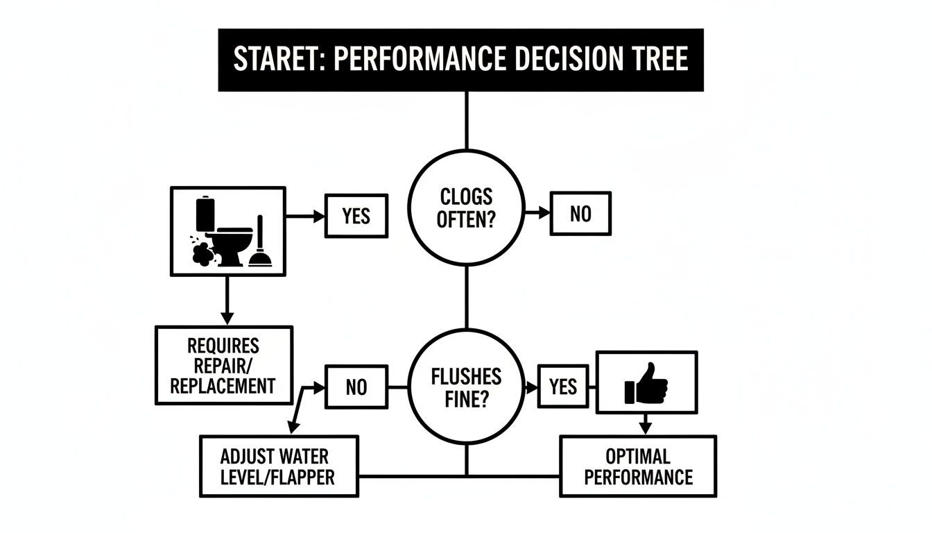 A performance decision tree flowchart for toilet maintenance, troubleshooting clogs, flushing, and repair recommendations.