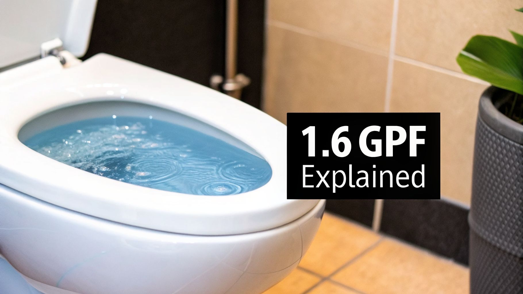 Close-up of a white toilet bowl filled with blue water and ripples, beside text '1.6 GPF Explained'.