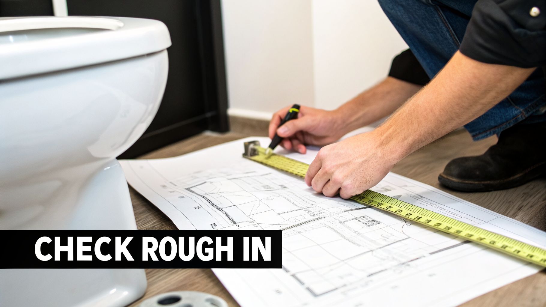 A person checks rough-in measurements on blueprints for a toilet installation, using a tape measure.