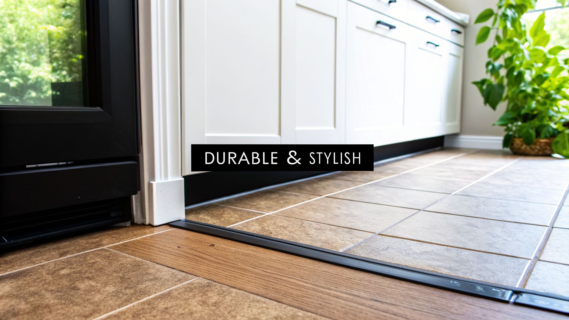 Modern kitchen featuring wood-look and tile flooring, with a durable black transition strip.