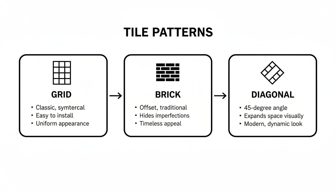 A visual guide illustrating three common tile patterns: Grid, Brick, and Diagonal, with their key features.