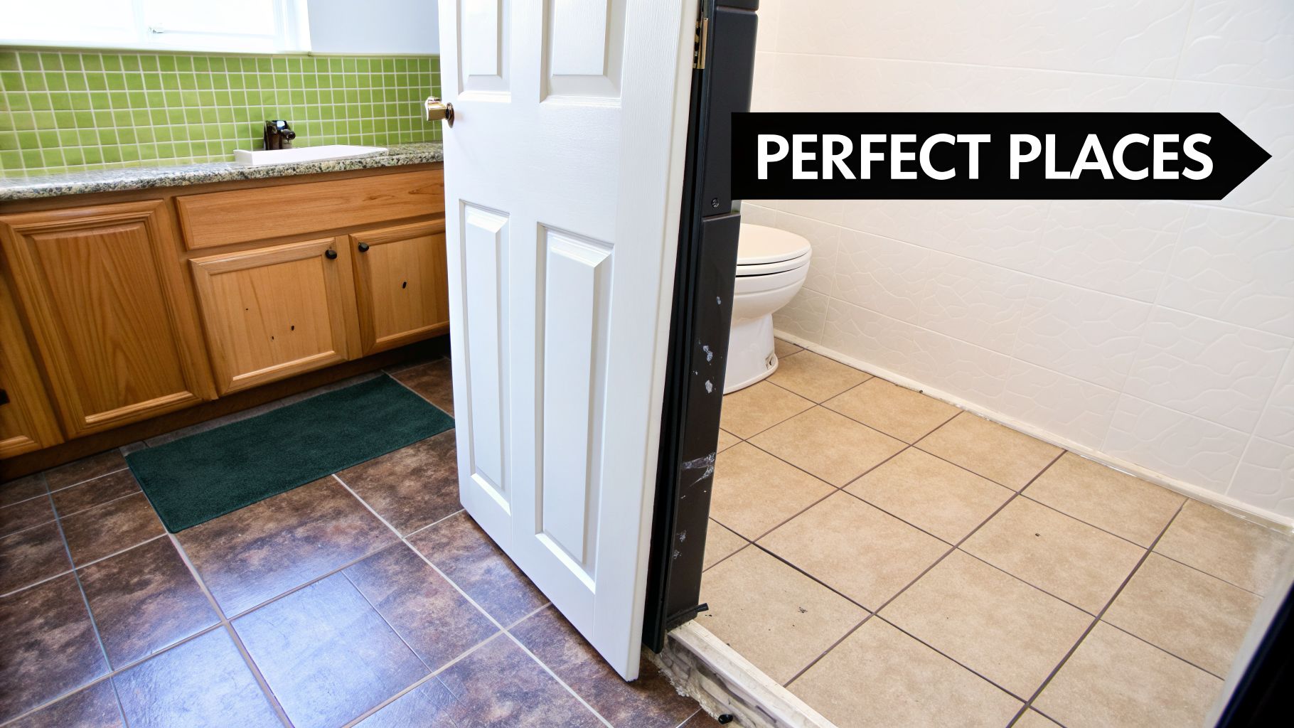A partially open white door connects two rooms with contrasting brown and light beige tiled floors.