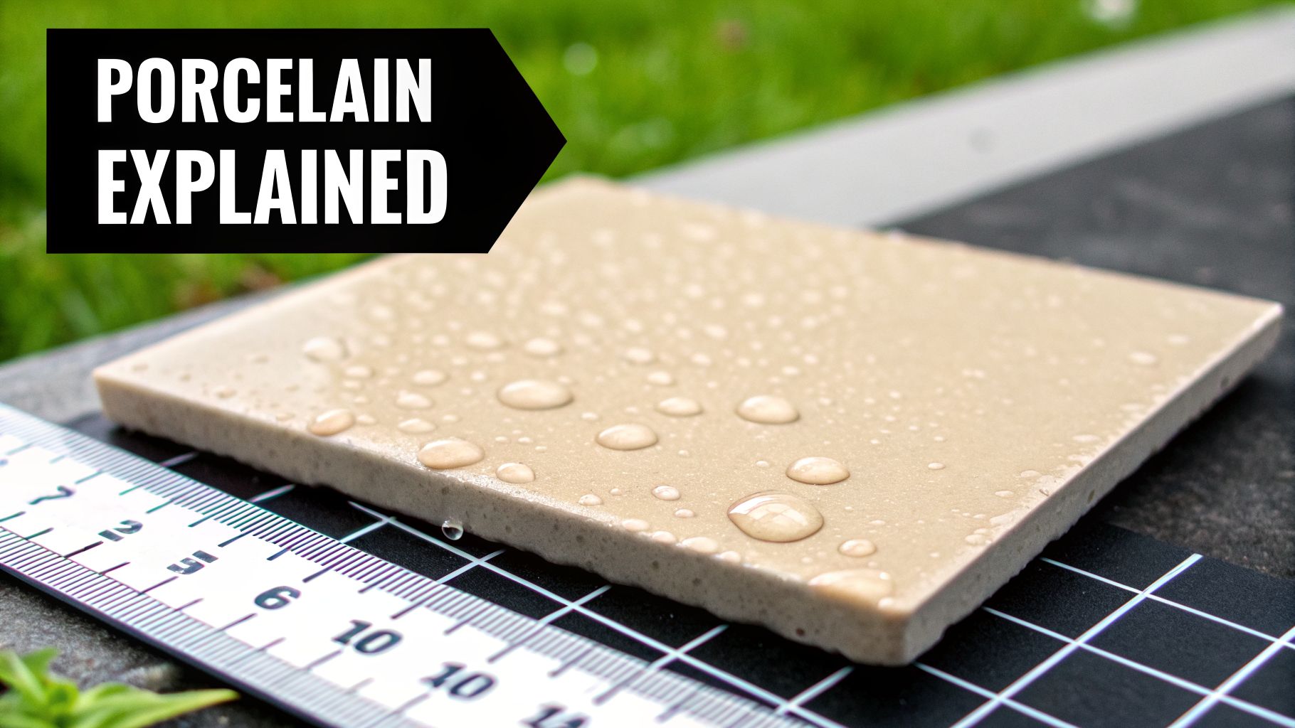 A beige porcelain tile covered in water droplets on a ruler, demonstrating water resistance, with 'PORCELAIN EXPLAINED' text.