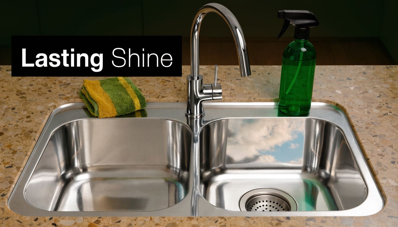 A clean stainless steel double compartment kitchen sink featuring a chrome faucet, spray bottle, and folded cloth.