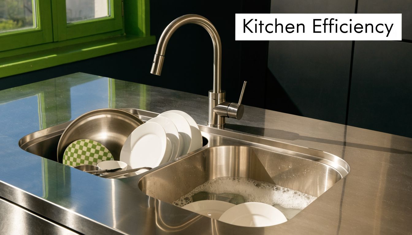 A modern two-compartment stainless steel kitchen sink with dishes soaking in soapy water and stacked clean plates.