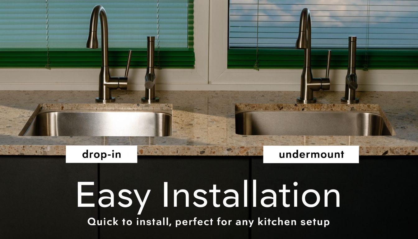 A split comparison showing a drop-in kitchen sink installation next to an undermount kitchen sink installation.