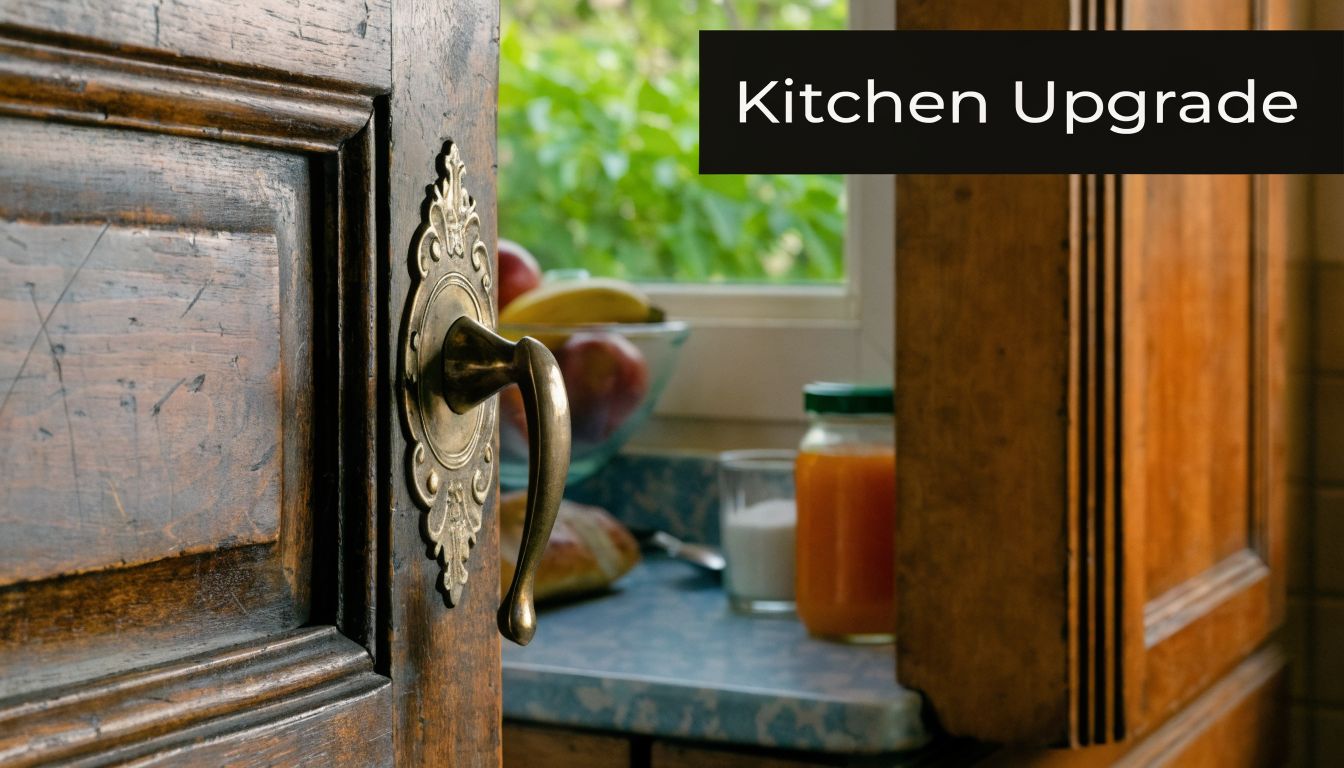 A close-up view of an antique wooden cabinet door with an ornate brass handle in a kitchen.