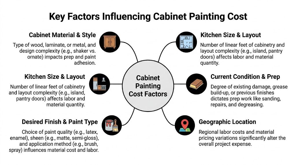 An infographic detailing the six primary factors that influence the total cost of professional kitchen cabinet painting.