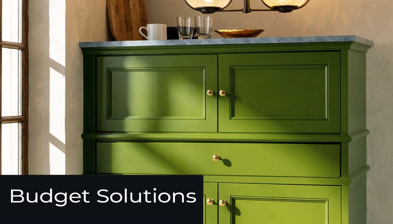 A close-up view of a green kitchen cabinet with brass knobs and a grey countertop.