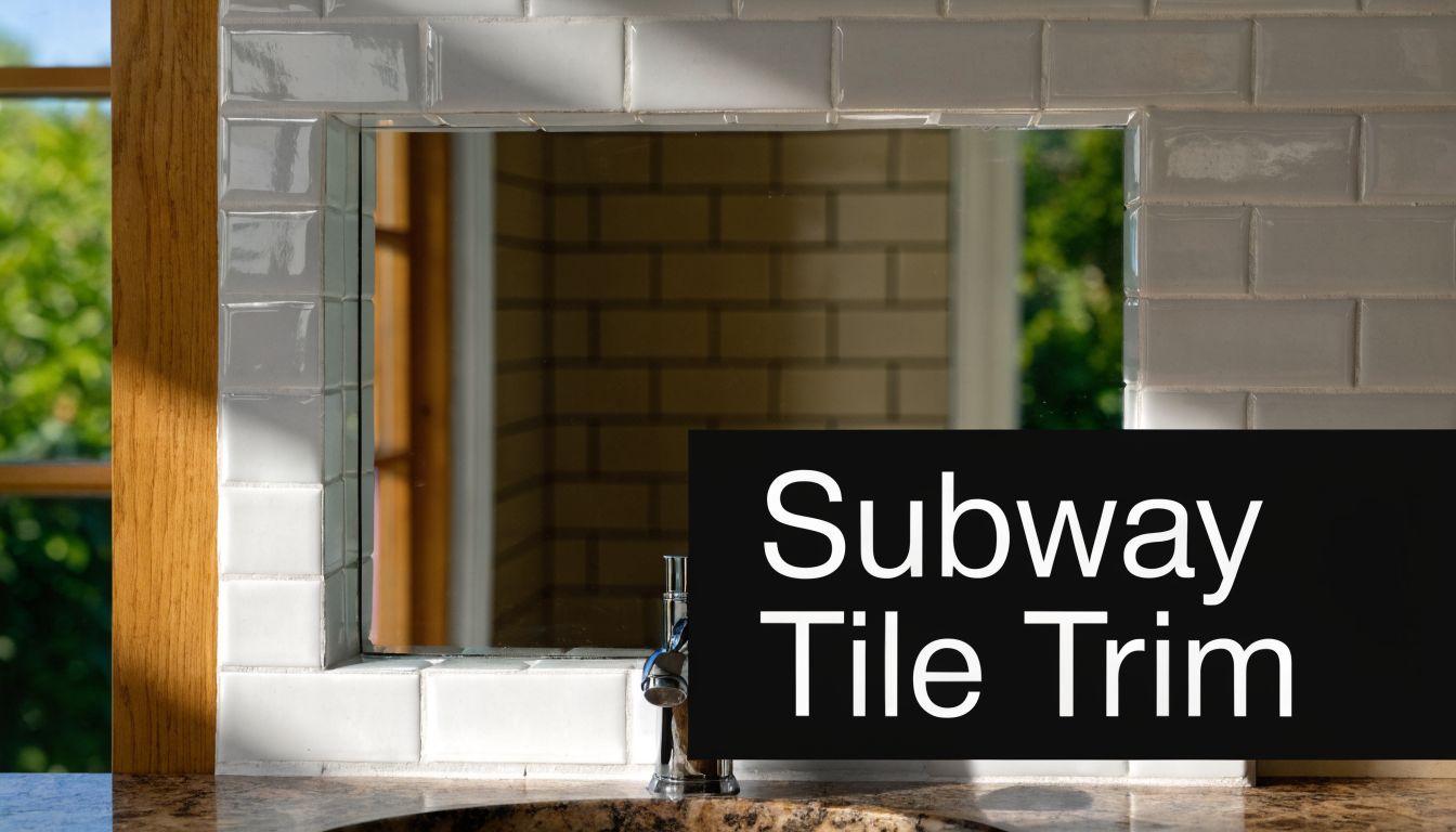 A close-up view of a bathroom vanity mirror bordered by white ceramic subway tile trim.