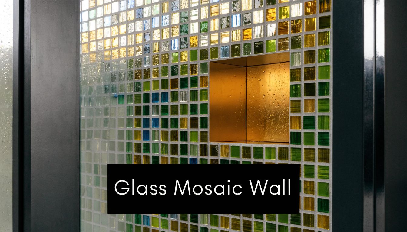 A close-up view of a modern shower wall featuring colorful green and gold glass mosaic tiles