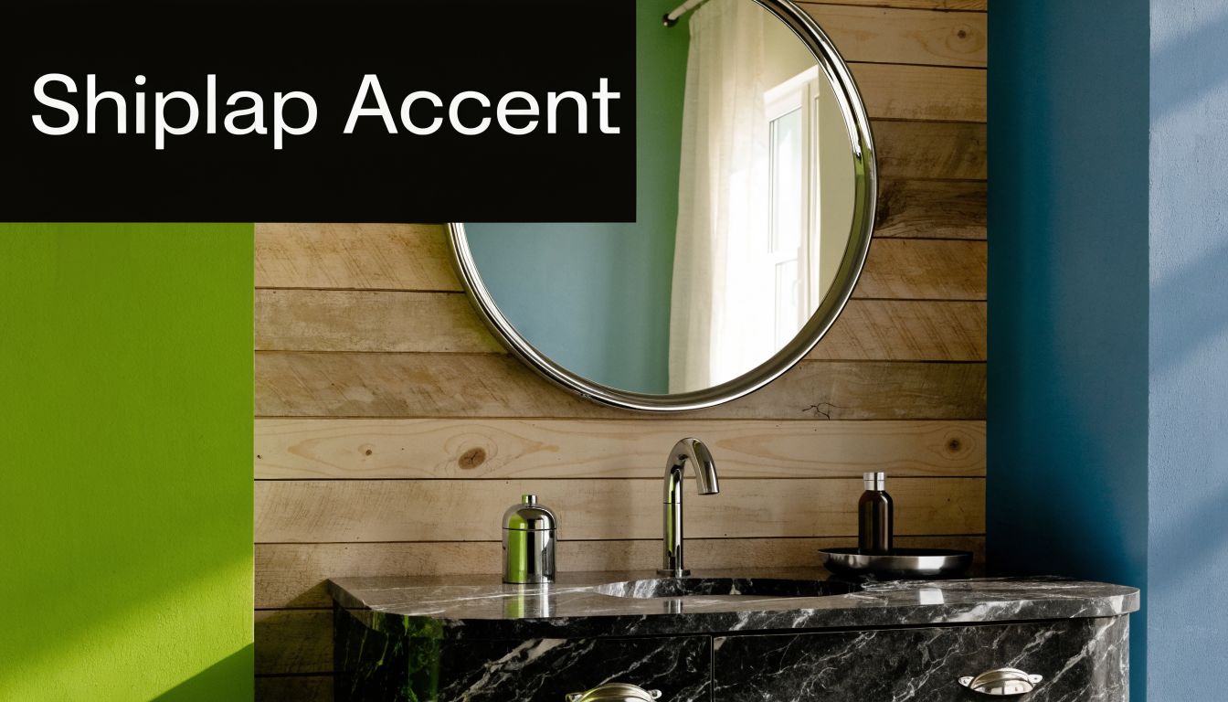 A modern bathroom vanity featuring a marble countertop, round mirror, and a wood shiplap accent wall.