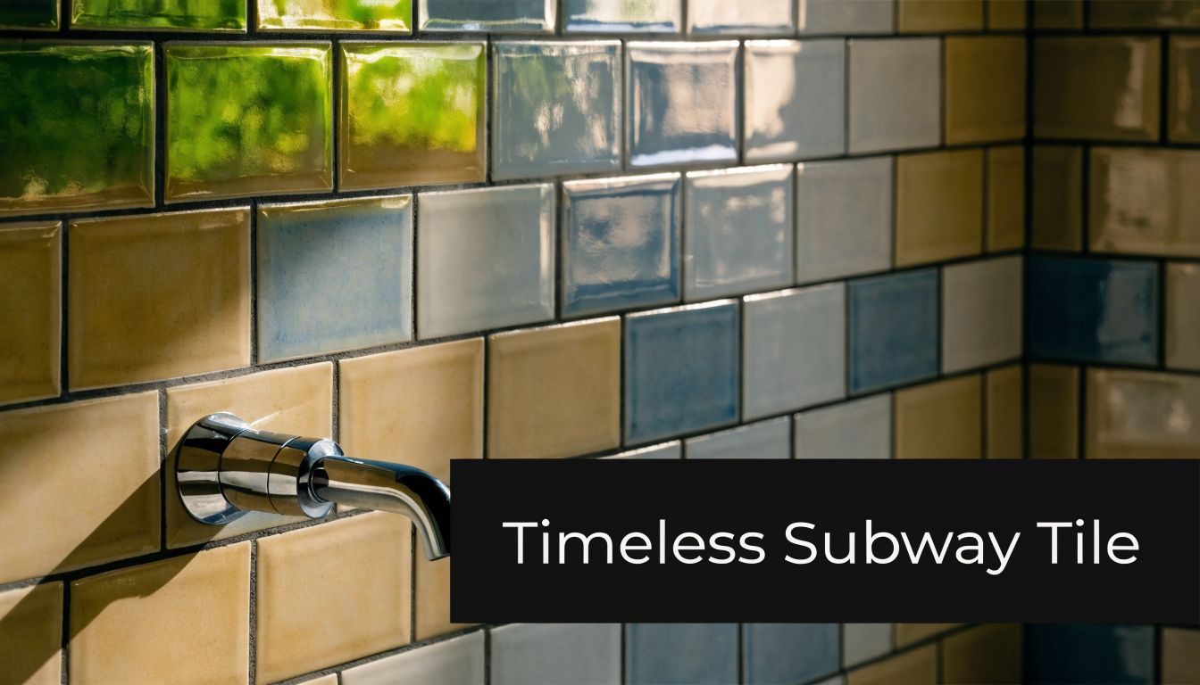 A close-up view of a bathroom wall featuring colorful subway tiles and a chrome faucet fixture.
