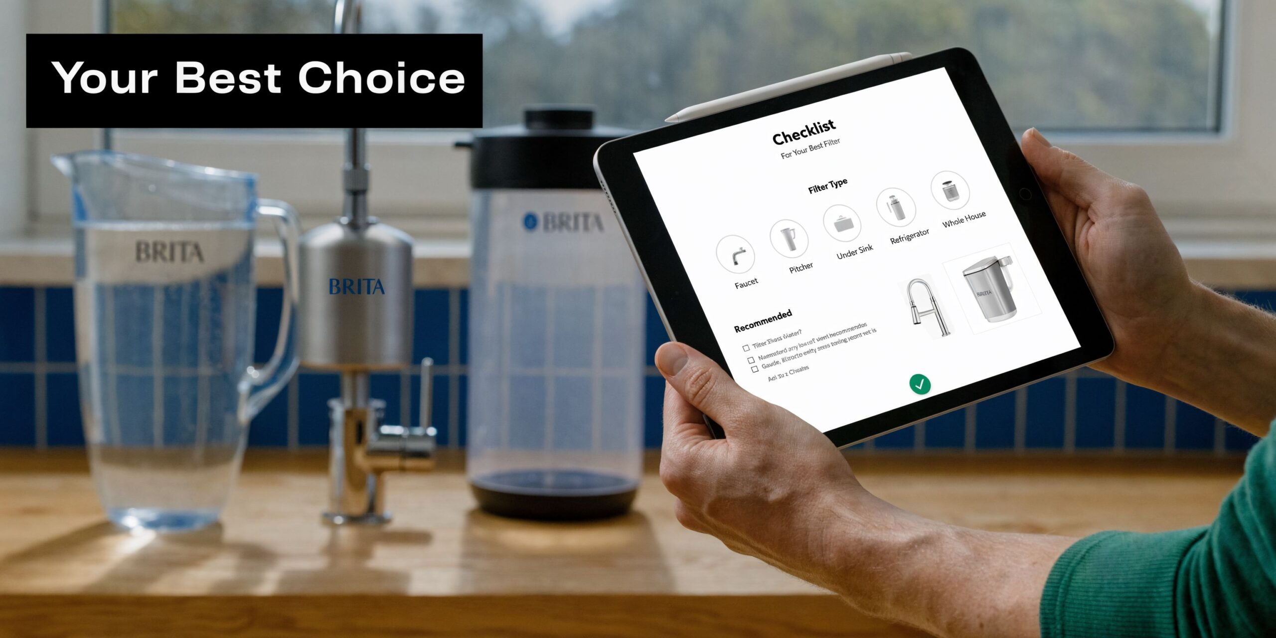 A person holds a tablet displaying a Brita water filter selection checklist with physical products nearby.