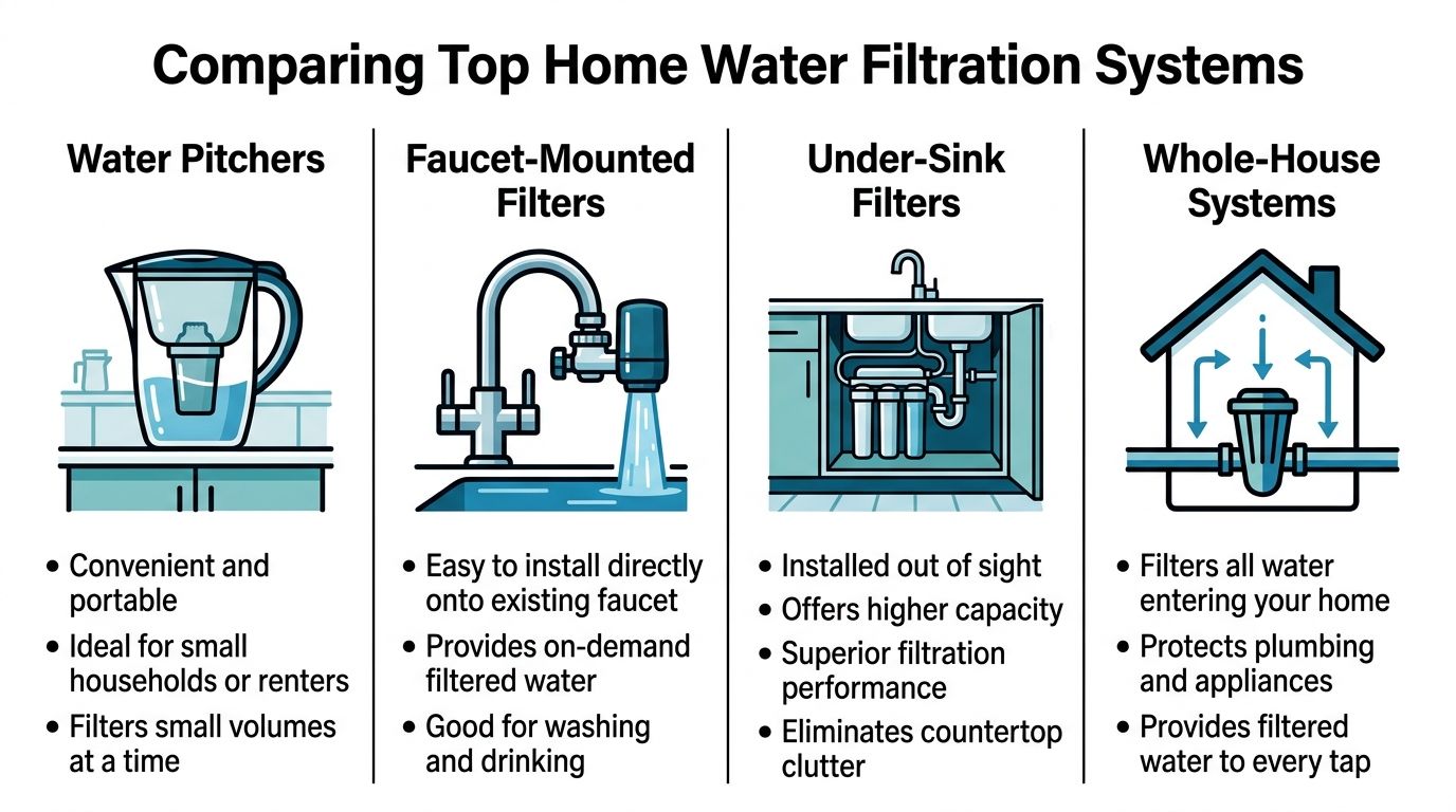 A comparison chart showing four different types of home water filtration systems, including pitchers, faucets, under-sink, and whole-house.