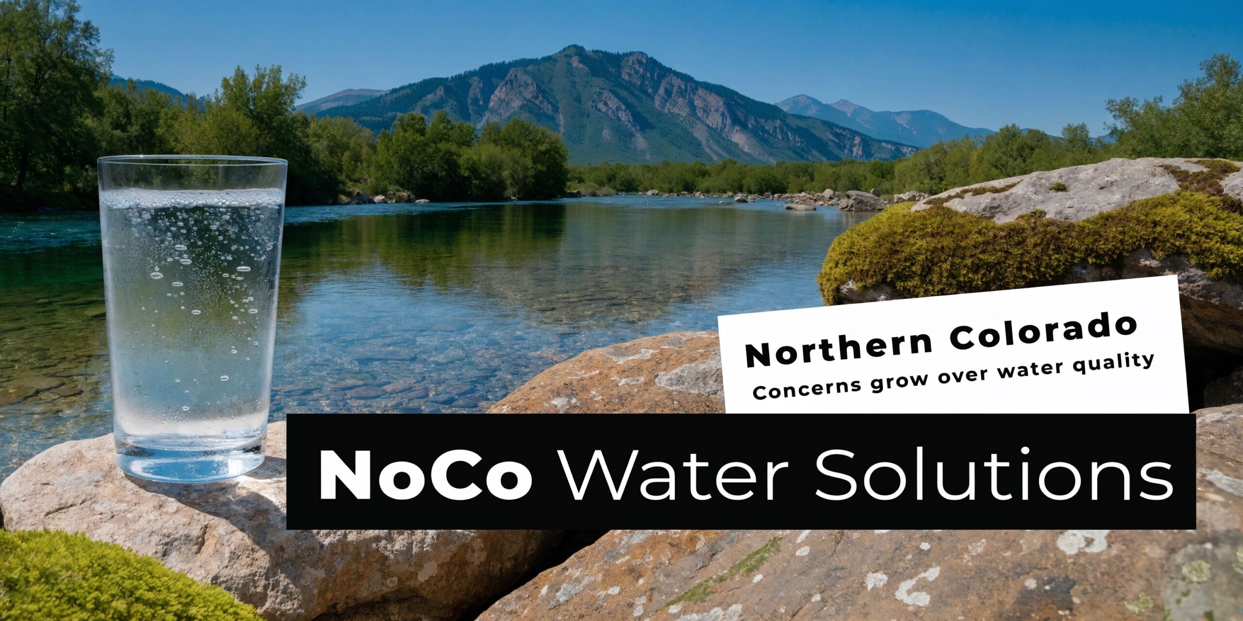 A glass of clean water resting on a rock by a scenic river and mountain range background.