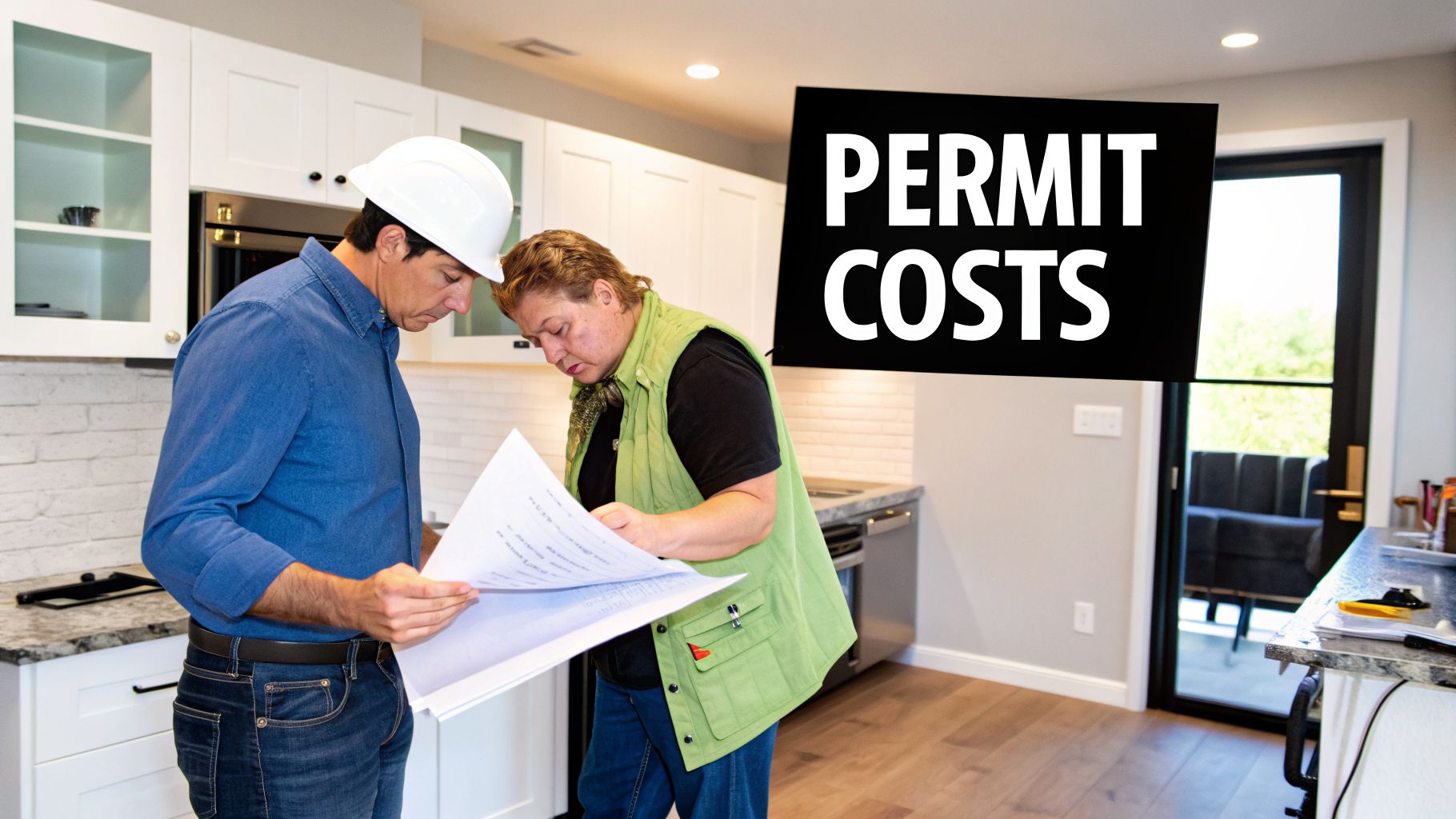 Contractor and homeowner discuss building permit costs while reviewing plans in a modern kitchen.