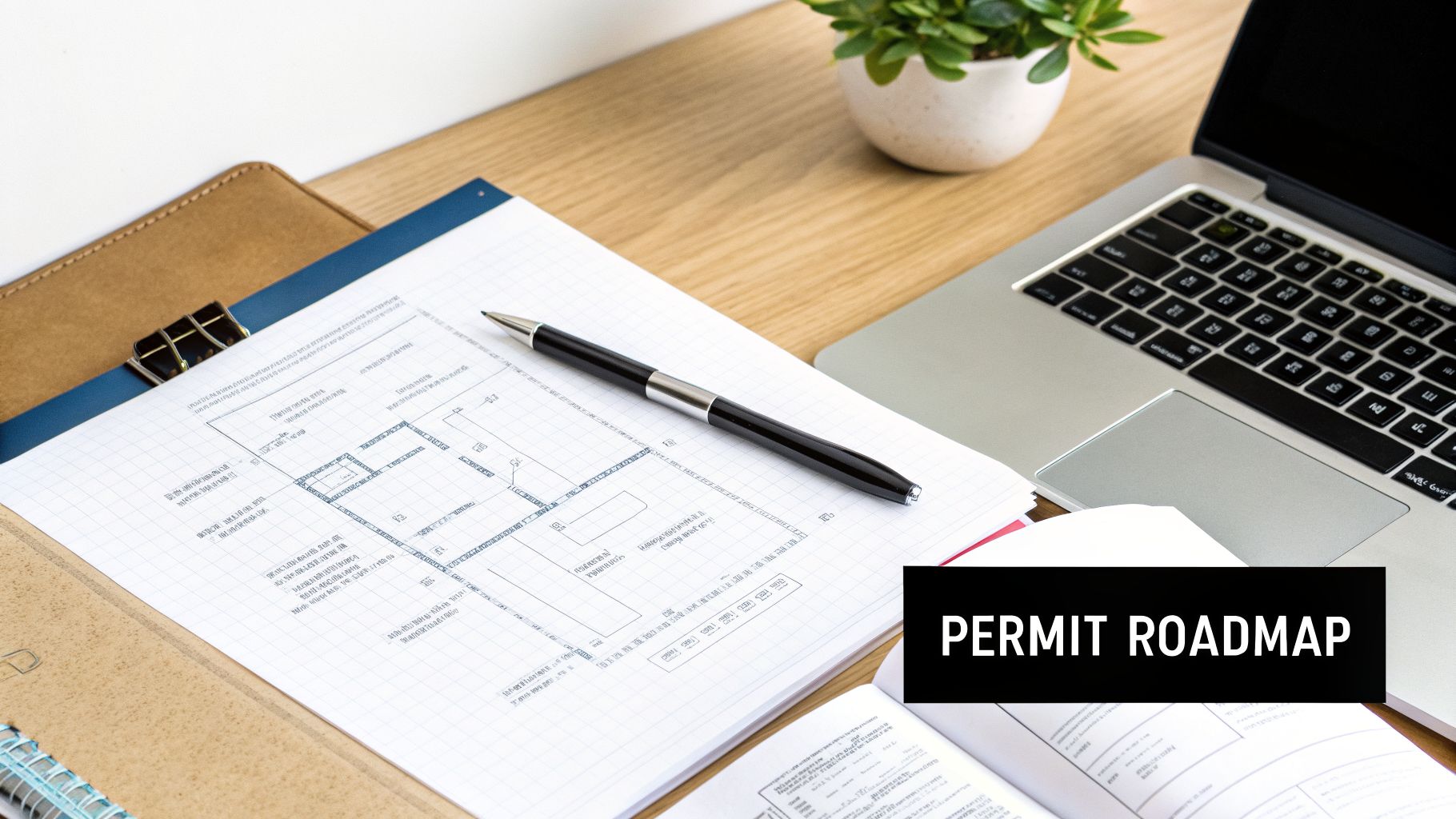 A top-down view of a desk with a laptop, pen, plant, and a document showing a 'PERMIT ROADMAP'.