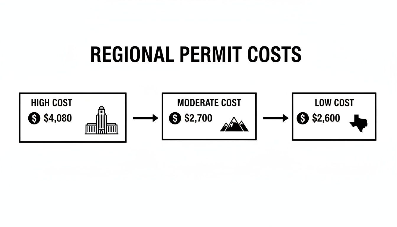An infographic showing regional permit costs: high ($4,080), moderate ($2,700), and low ($2,600, identified with Texas).