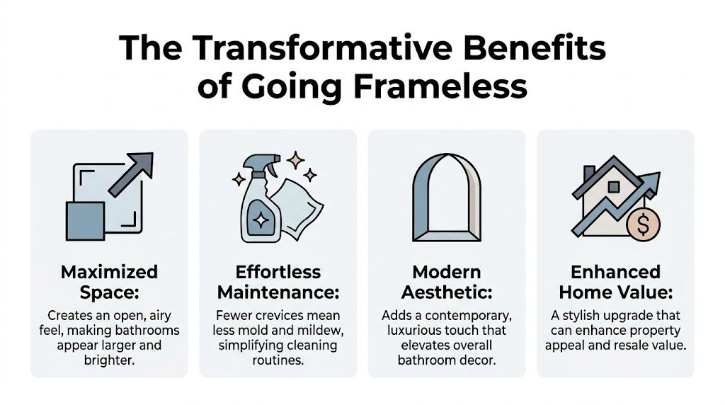 A graphic illustration displaying the four primary transformative benefits of choosing frameless shower doors for bathrooms.