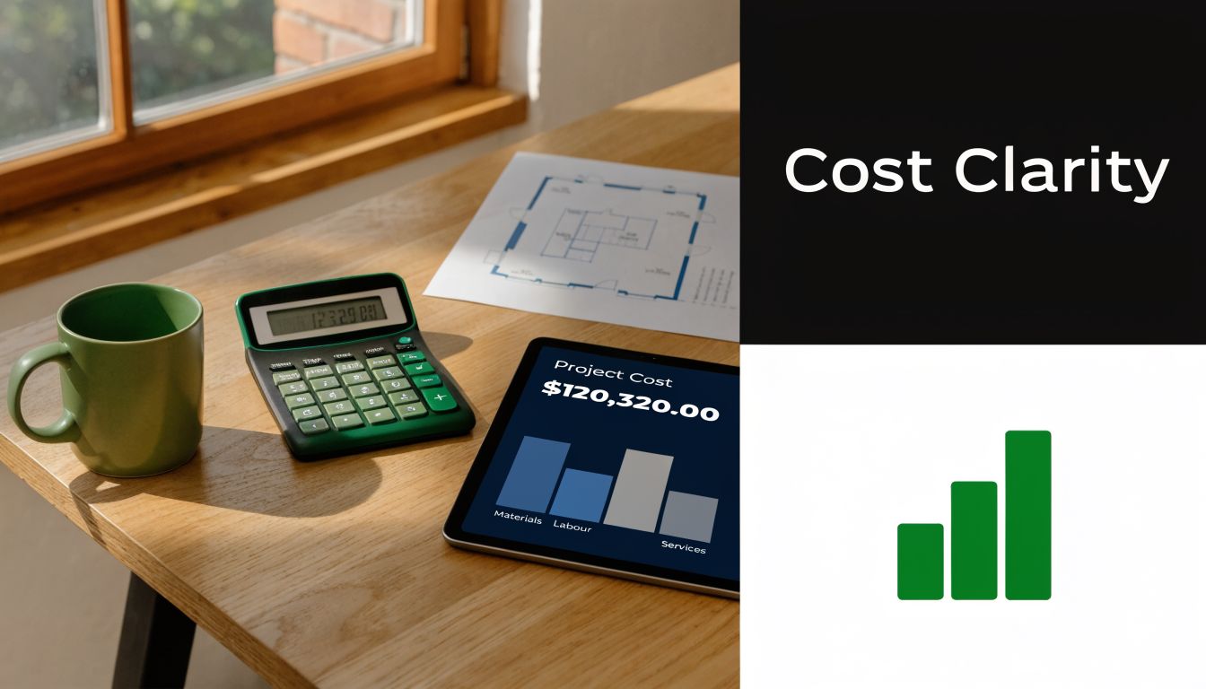 A wooden desk with a green mug, a calculator, blueprints, and a tablet displaying project costs.