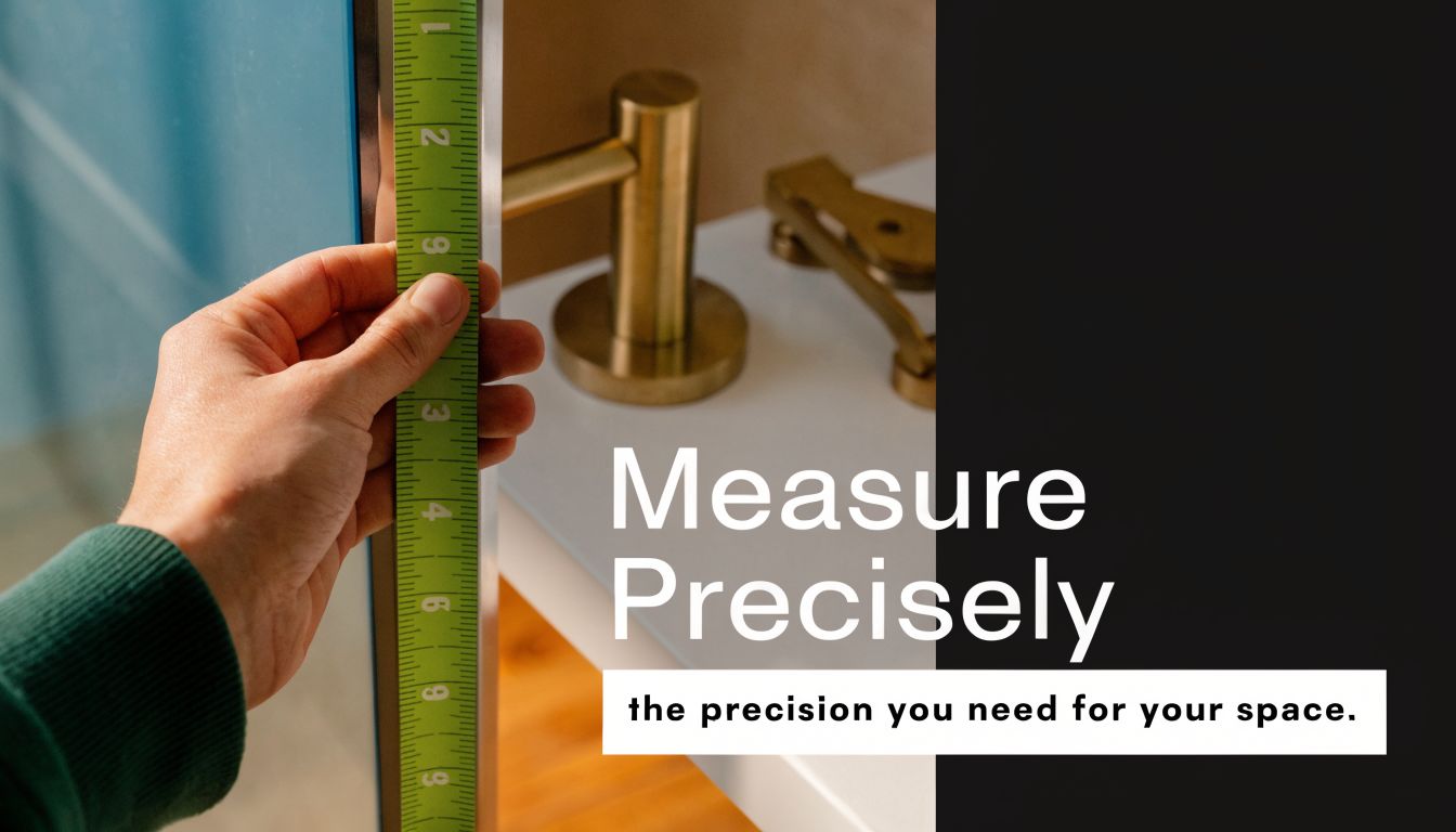 A close-up view of a person using a green measuring tape to measure frameless glass shower doors.