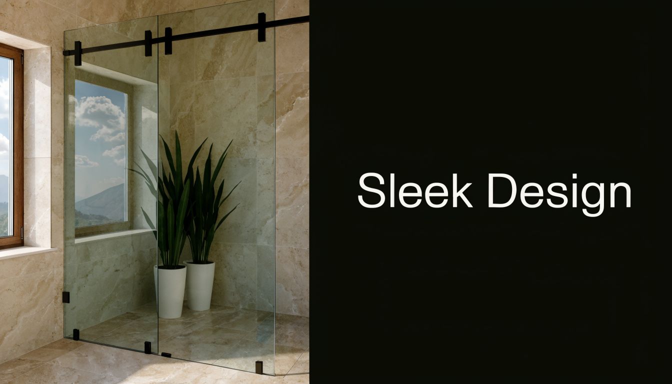 A luxurious bathroom featuring a frameless glass shower door with a modern black sliding hardware system.