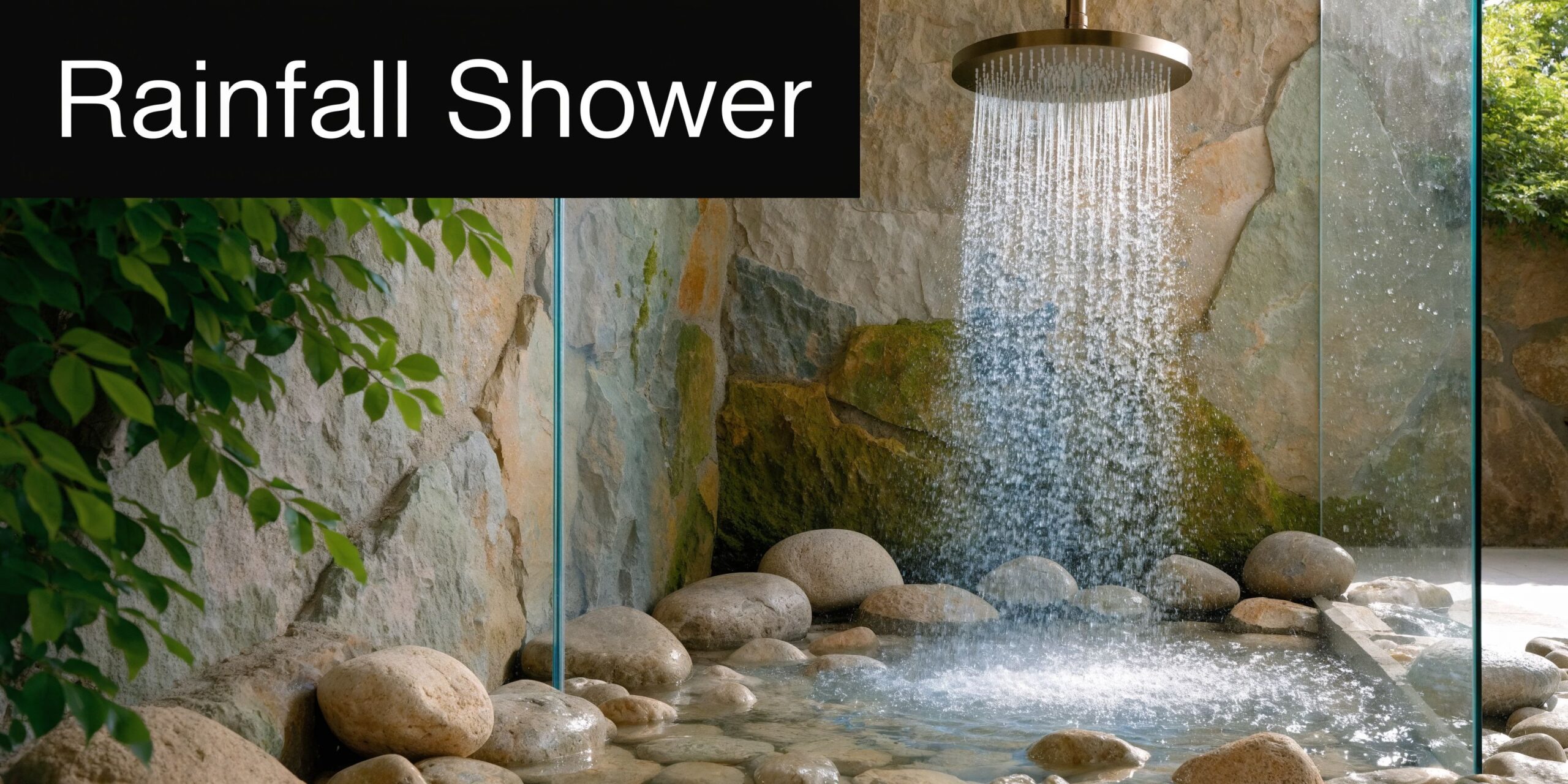 A luxurious rainfall shower in a natural stone-walled room with water cascading onto river rocks.
